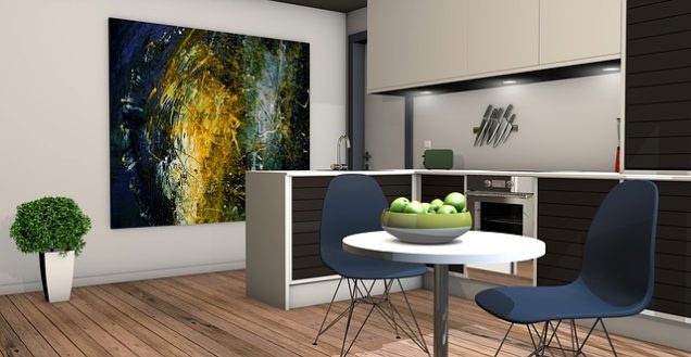 Apartments for rent in Spring TX A 3d rendering of an apartment kitchen in Spring TX with a painting on the wall.